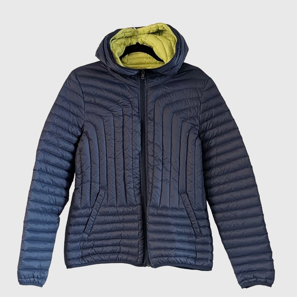 Halifax Traders Hooded Down Puffer Jacket Blue Lime Green Women's M